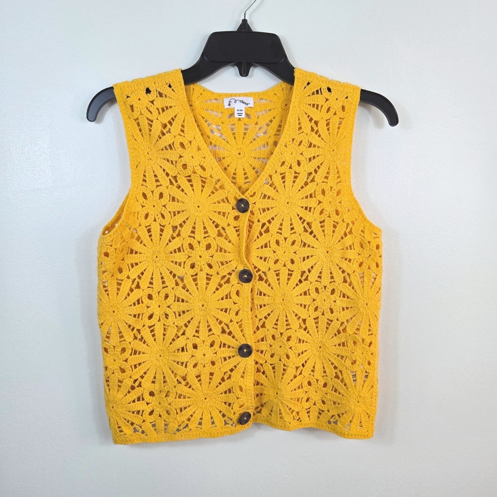 Art Class Girls Yellow Orange Daisy Floral Crochet Front Button Boho Vest XL 70s